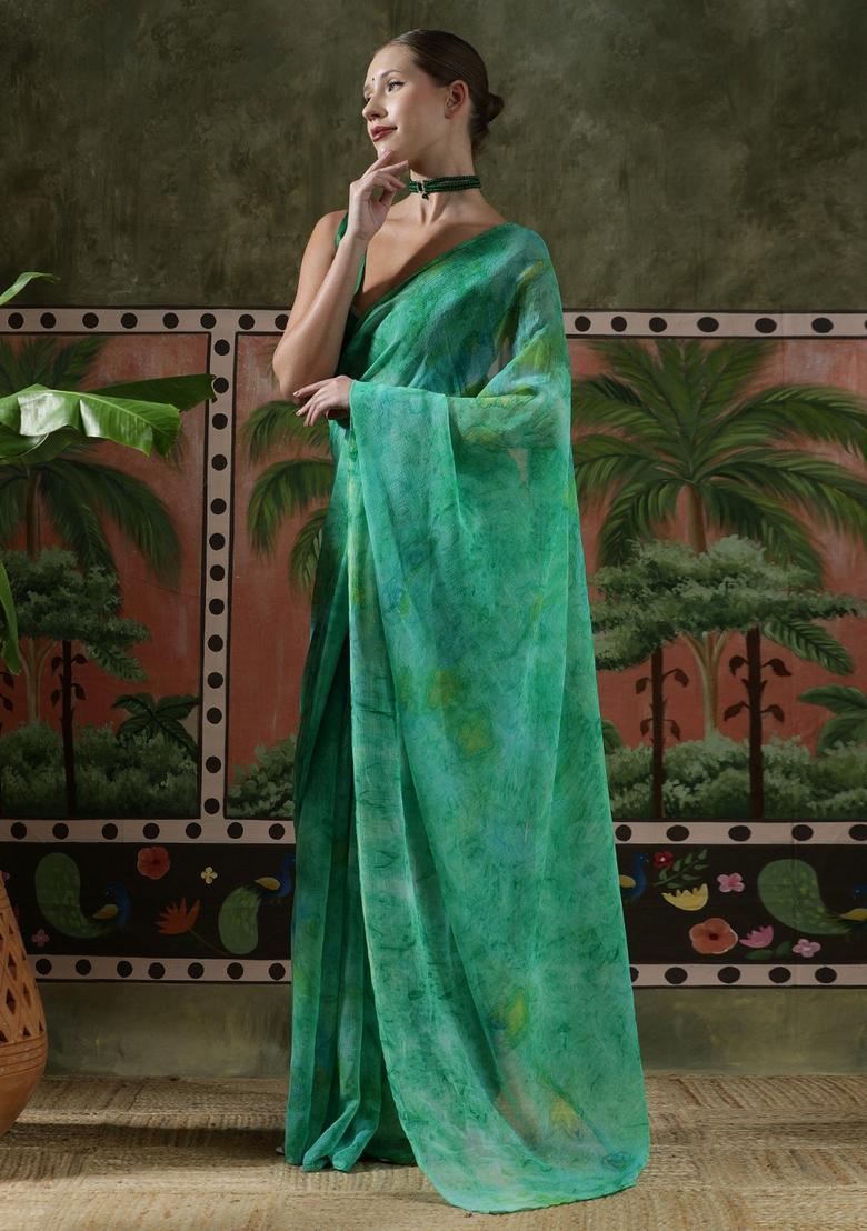 Green Tie And Dye Georgette Saree Set - Indya