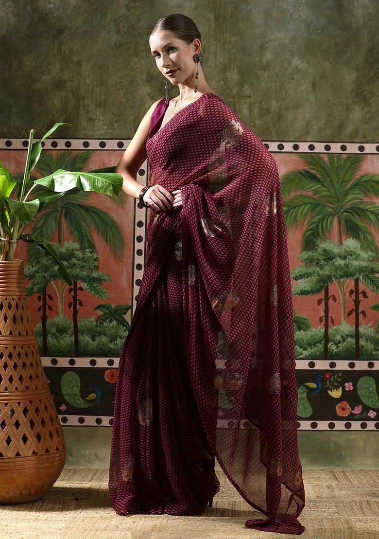 Burgundy Printed Georgette Saree Set - Indya