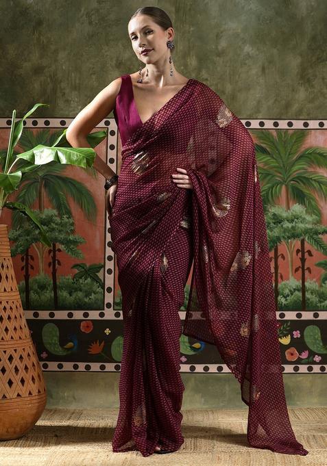 Burgundy Printed Georgette Saree Set