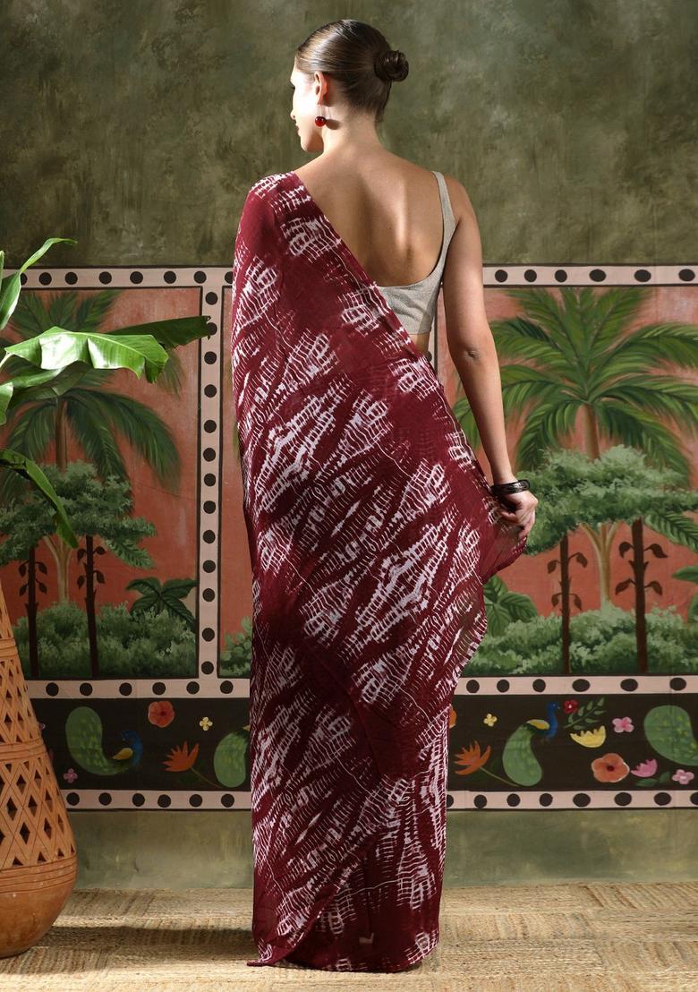 Maroon Tie And Dye Georgette Saree Set - Indya