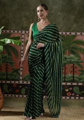 Green Stripes Georgette Saree Set