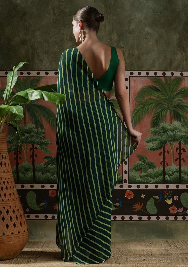 Green Stripes Georgette Saree Set - Indya