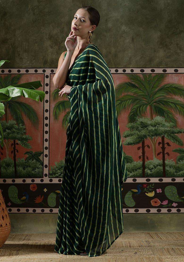 Green Stripes Georgette Saree Set for Diwali | Wedding & Festive Wear - Indya