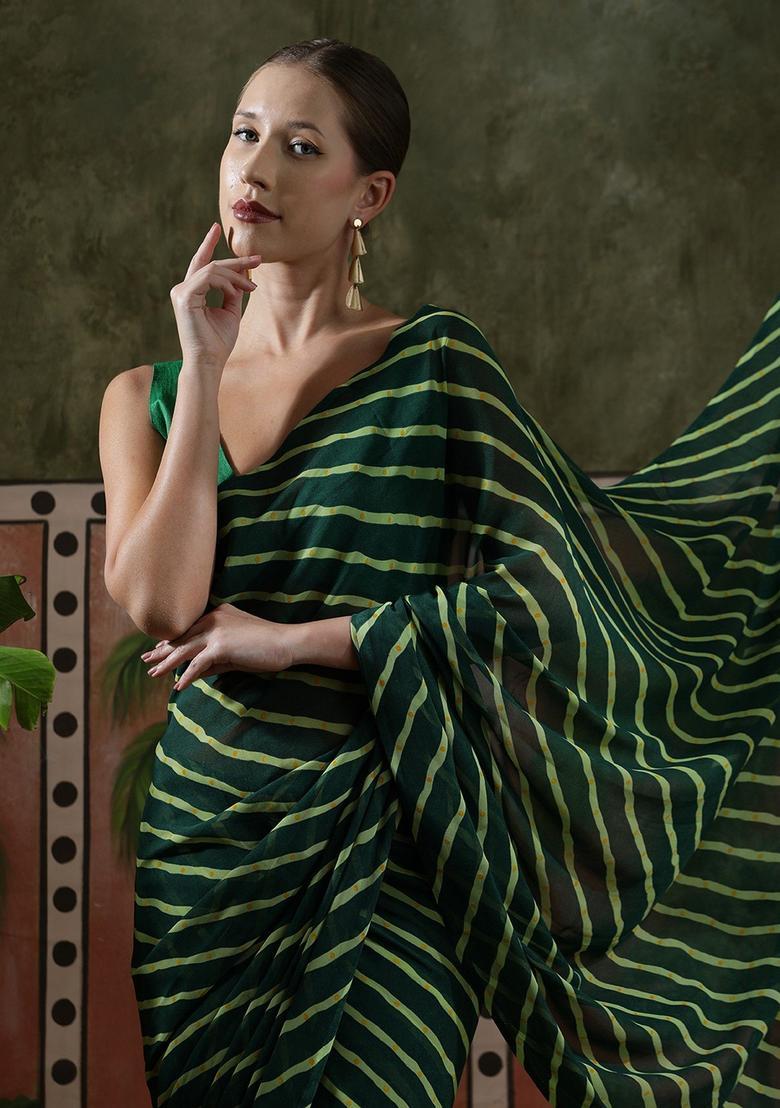 Green Stripes Georgette Saree Set - Indya