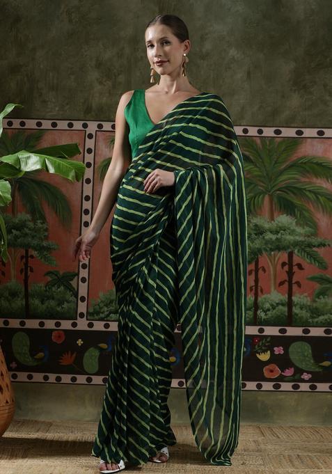 Green Stripes Georgette Saree Set