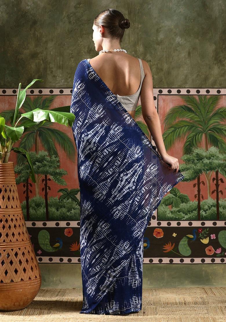 Blue Tie And Dye Georgette Saree Set - Indya