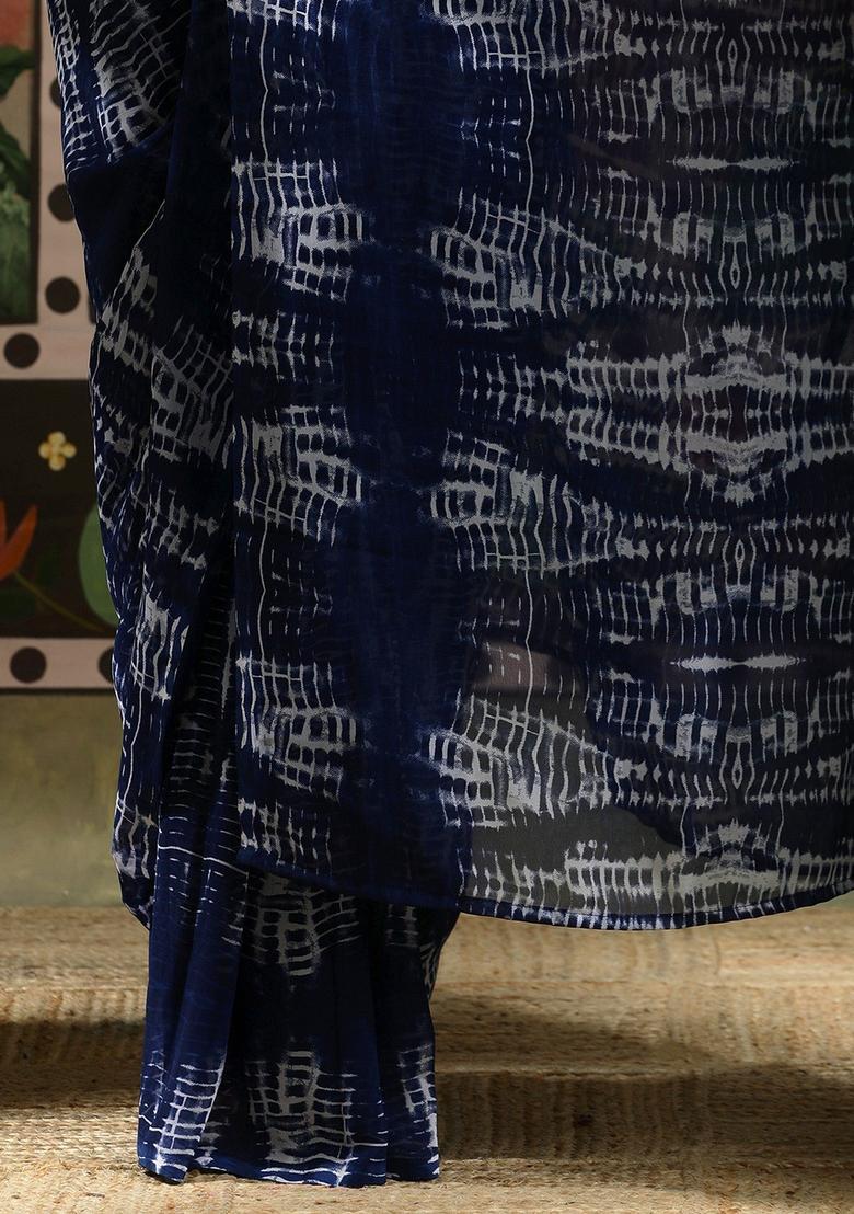 Blue Tie And Dye Georgette Saree Set - Indya