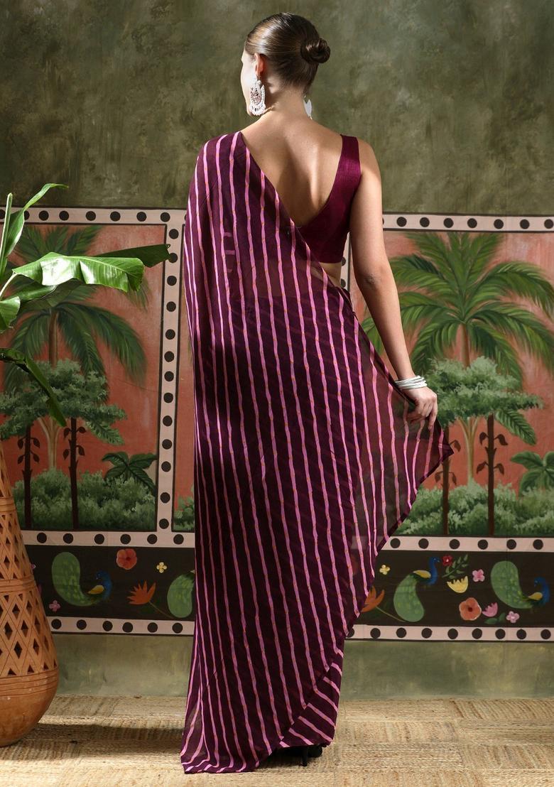 Burgundy Stripes Georgette Saree Set - Indya
