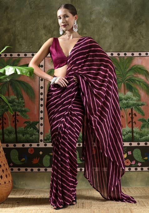 Burgundy Stripes Georgette Saree Set