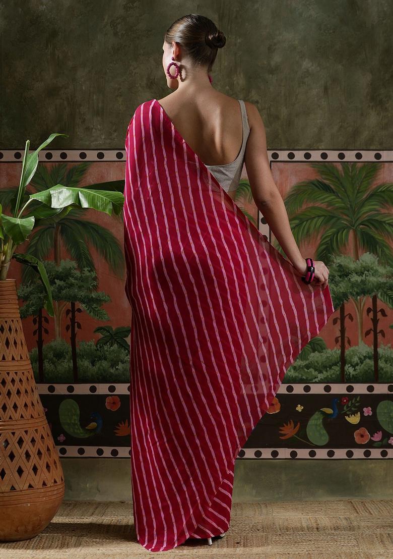 Pink Stripes Georgette Saree Set - Indya