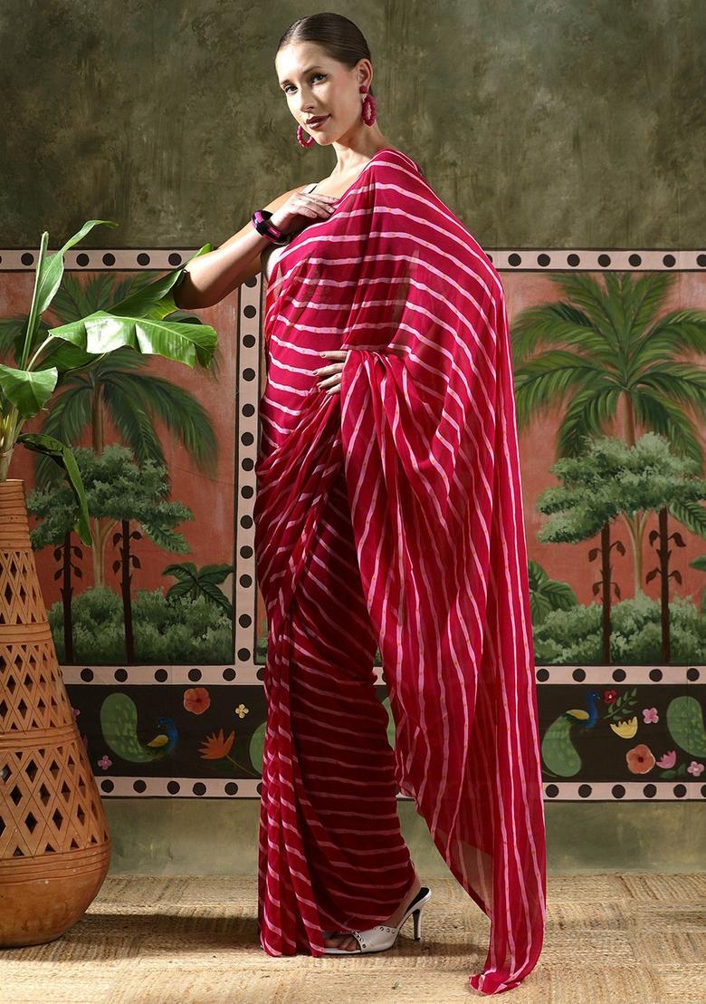 Pink Stripes Georgette Saree Set - Indya