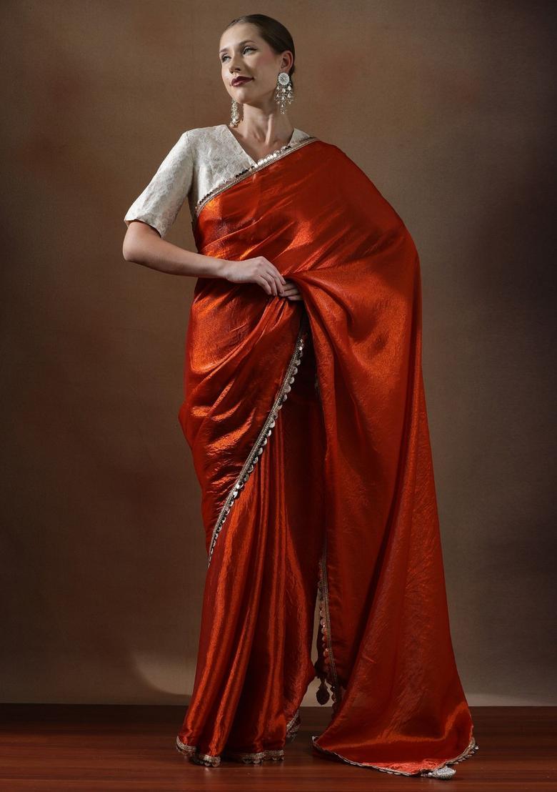 Orange Solid Silk Blend Saree Set - Indya