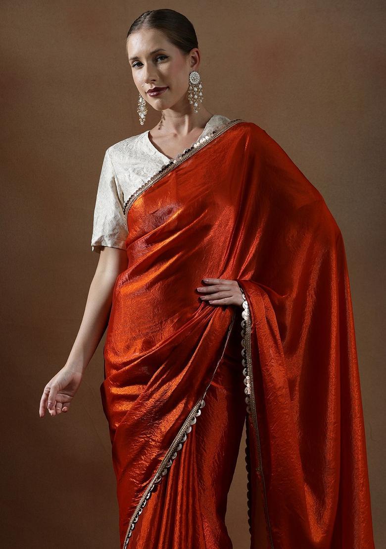 Orange Solid Silk Blend Saree Set - Indya