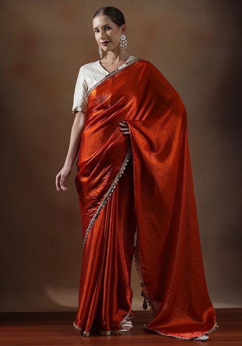 Orange Solid Silk Blend Saree Set