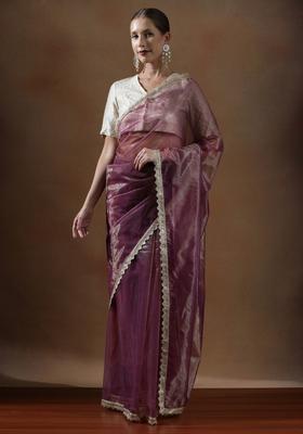 Deep Plum Solid Net Saree Set