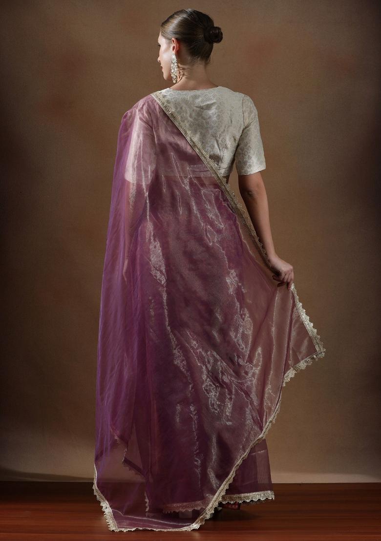 Deep Plum Solid Net Saree Set - Indya