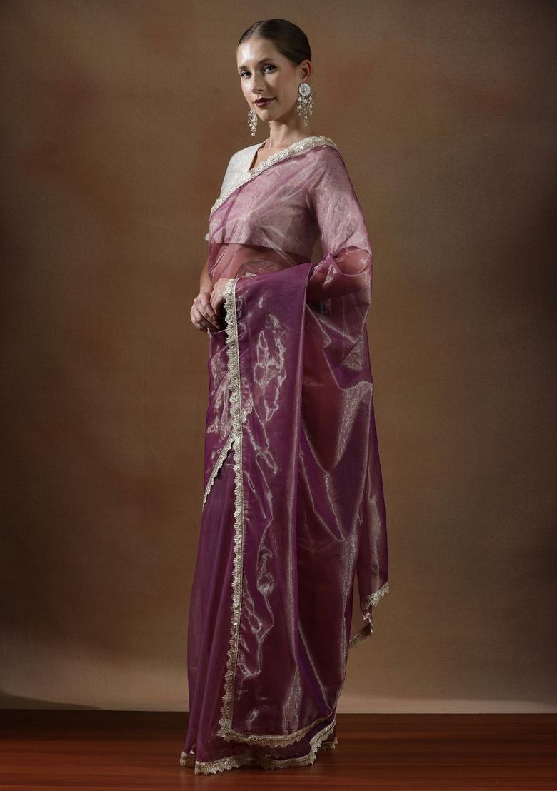 Deep Plum Solid Net Saree Set - Indya
