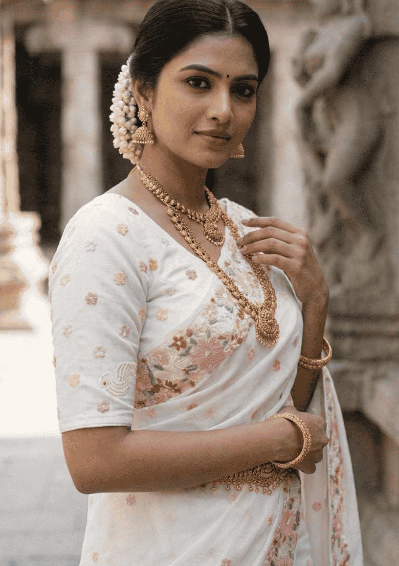 White Embroidered Chiffon Saree Set - Indya