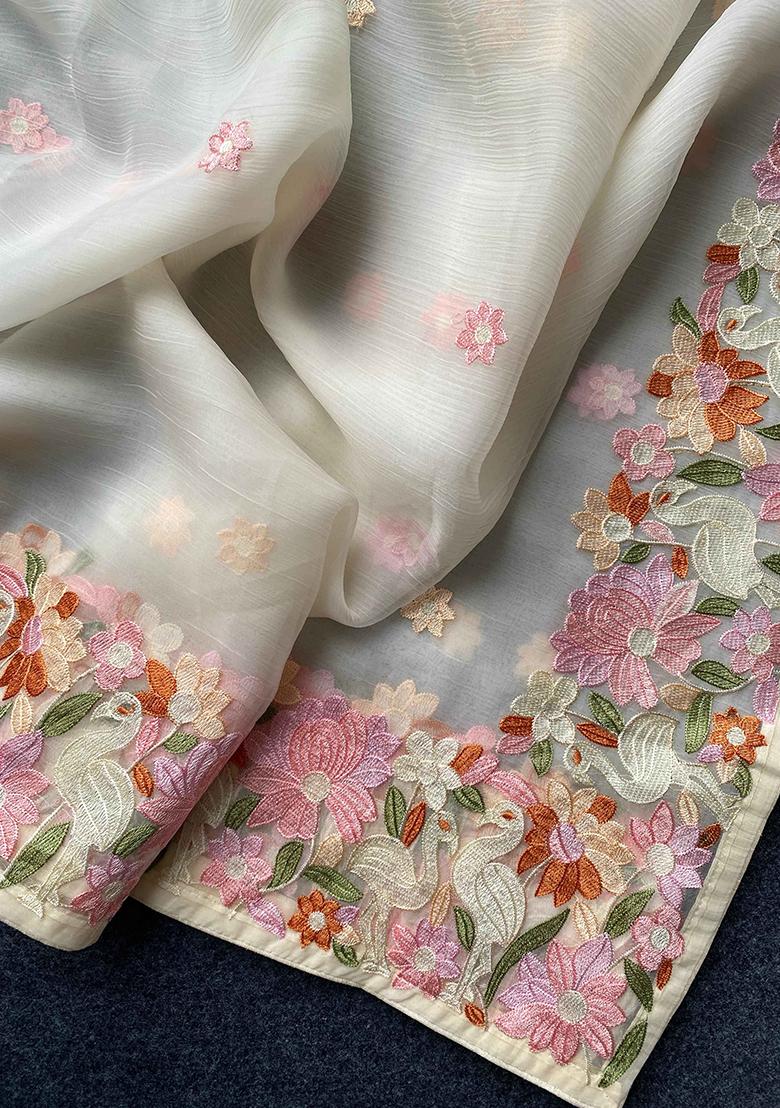 White Embroidered Chiffon Saree Set - Indya