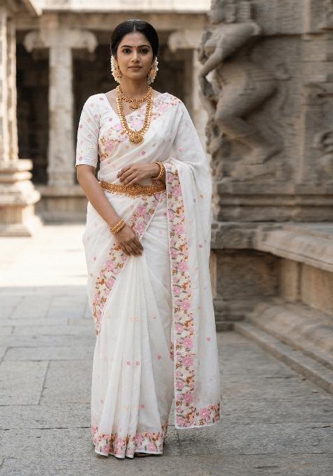 White Embroidered Chiffon Saree Set