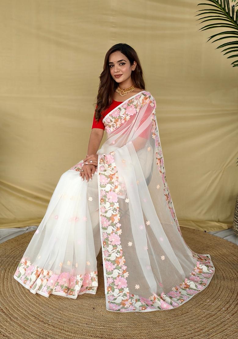 White Embroidered Chiffon Saree Set - Indya