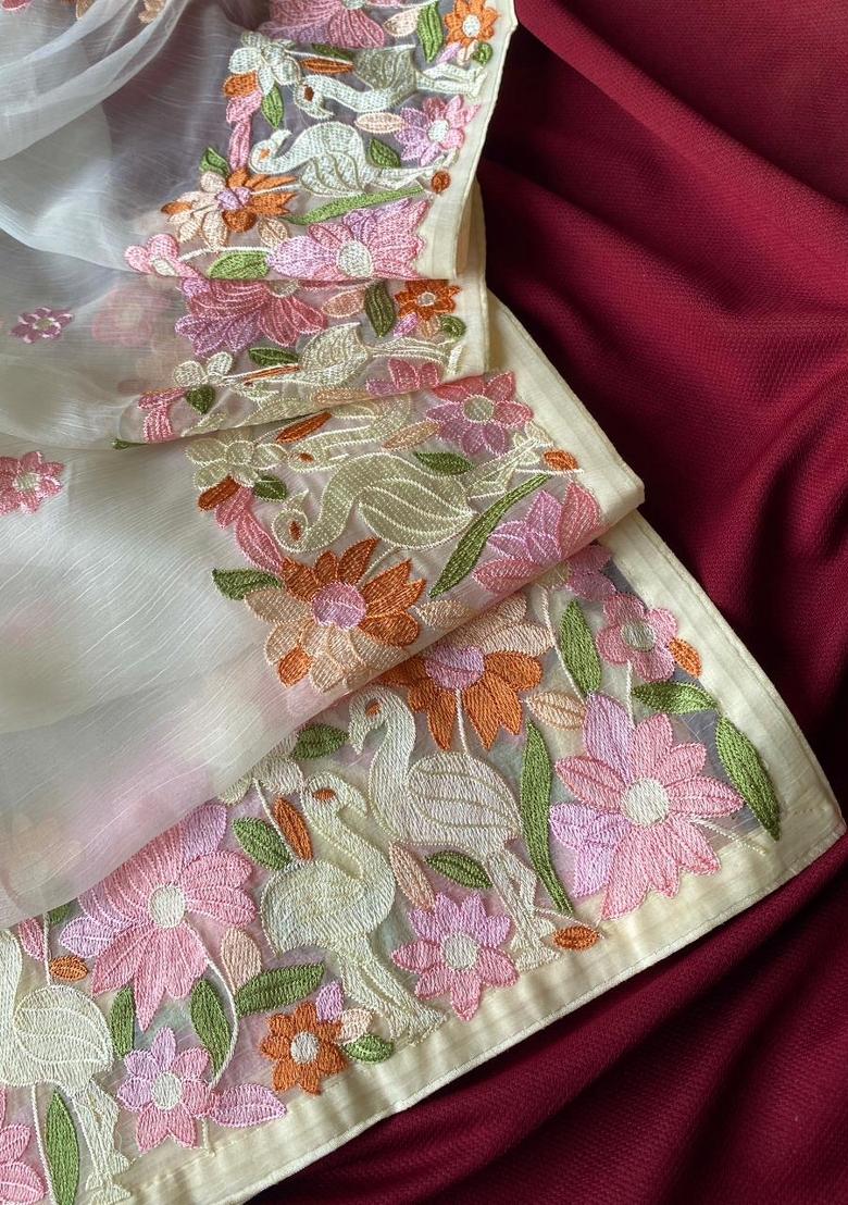 White Embroidered Chiffon Saree Set - Indya