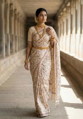 Cream Embroidered Silk Blend Saree Set