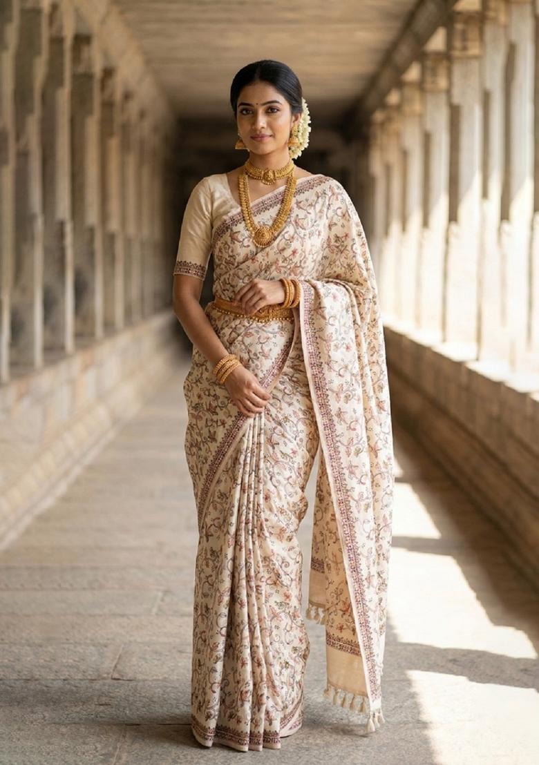 Cream Embroidered Silk Blend Saree Set - Indya
