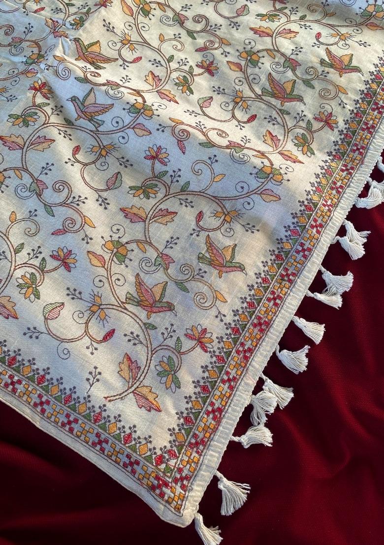 Cream Embroidered Silk Blend Saree Set - Indya