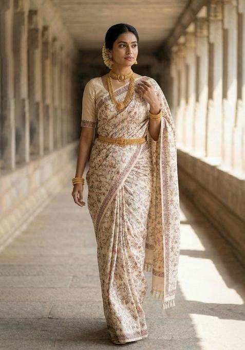Cream Embroidered Silk Blend Saree Set
