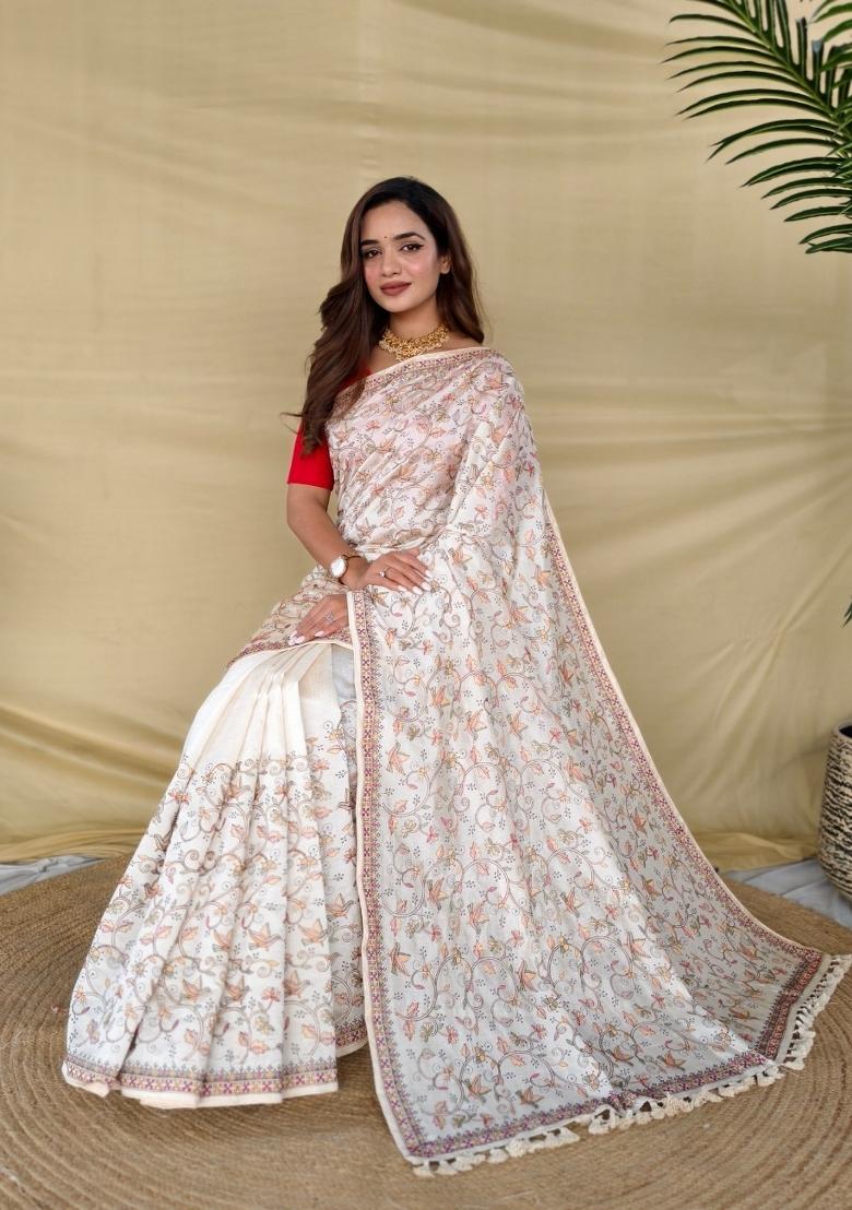 Cream Embroidered Silk Blend Saree Set - Indya
