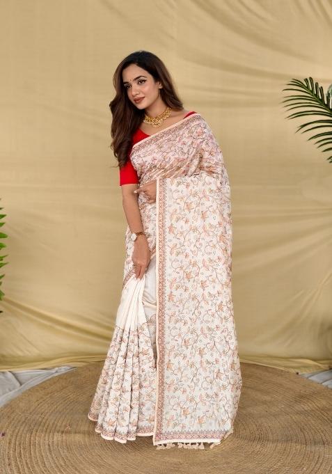 Cream Embroidered Silk Blend Saree Set