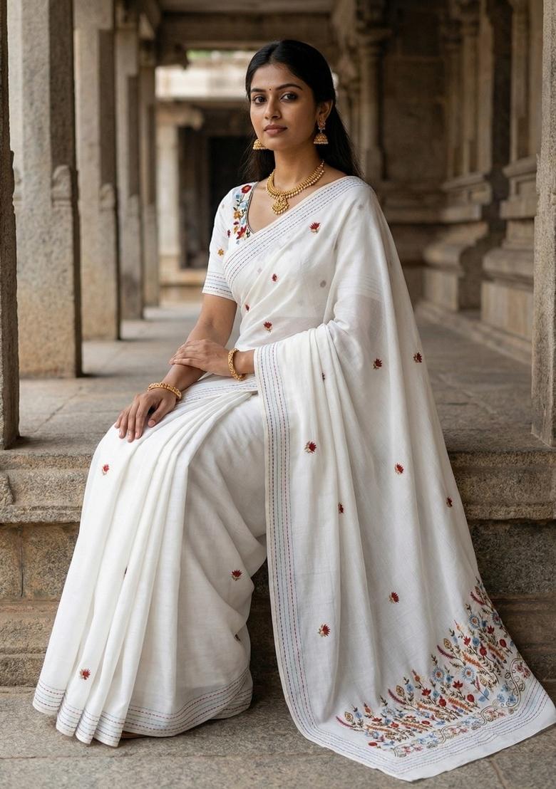 White Embroidered Silk Blend Saree Set - Indya