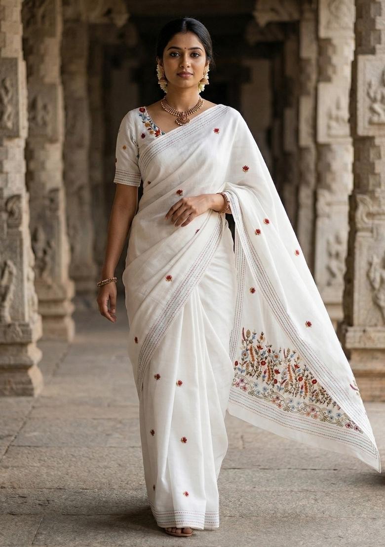 White Embroidered Silk Blend Saree Set - Indya