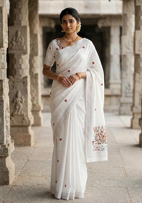 White Embroidered Silk Blend Saree Set