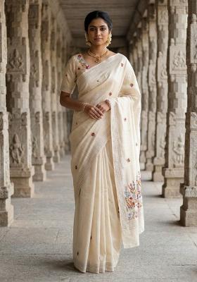 Cream Embroidered Silk Blend Saree Set