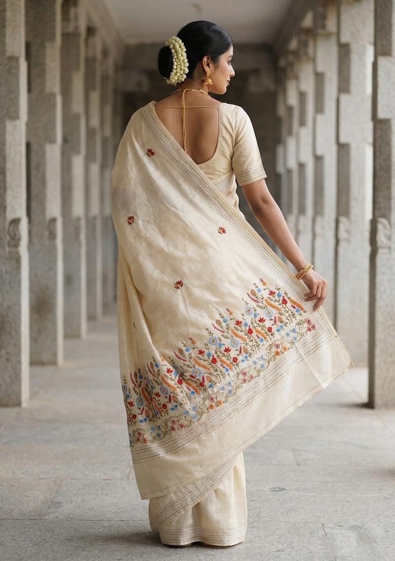 Cream Embroidered Silk Blend Saree Set - Indya