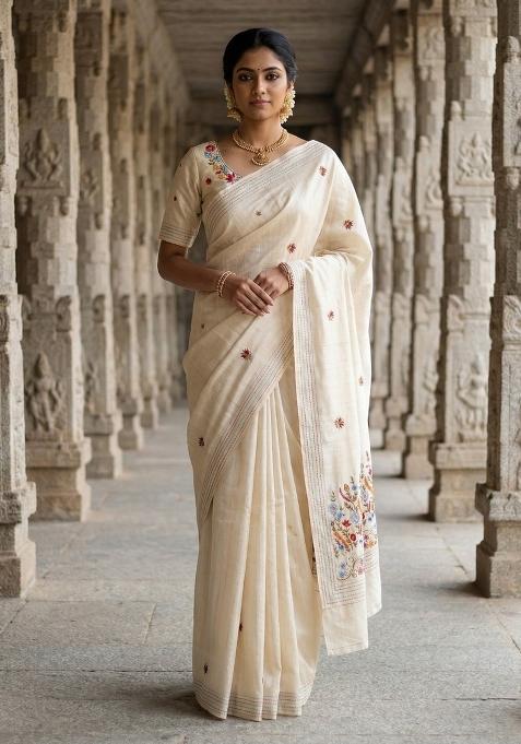 Cream Embroidered Silk Saree Set