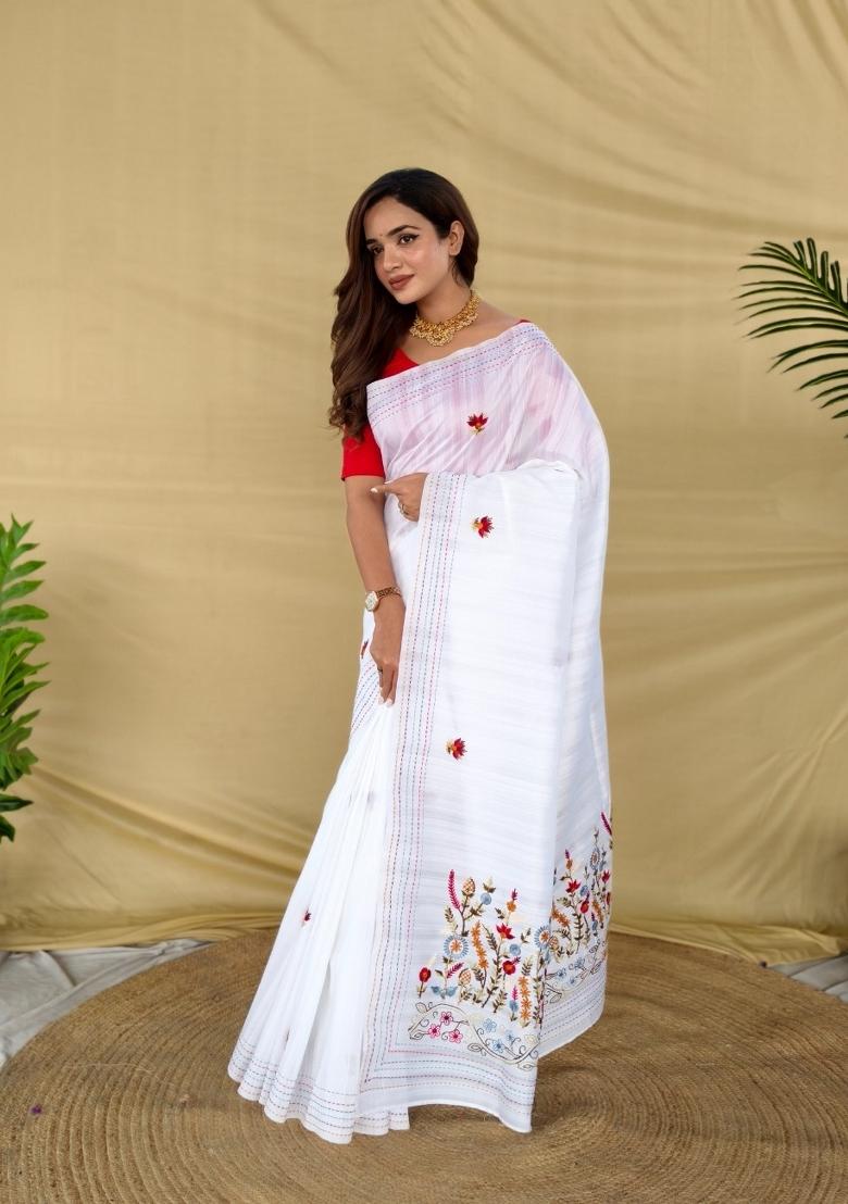 White Embroidered Silk Blend Saree Set - Indya
