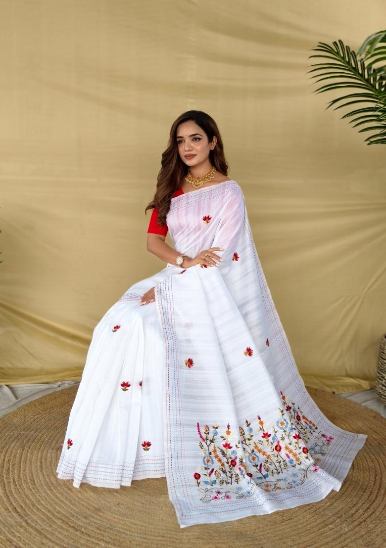 White Embroidered Silk Blend Saree Set - Indya