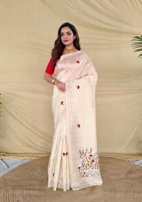 Cream Embroidered Silk Blend Saree Set