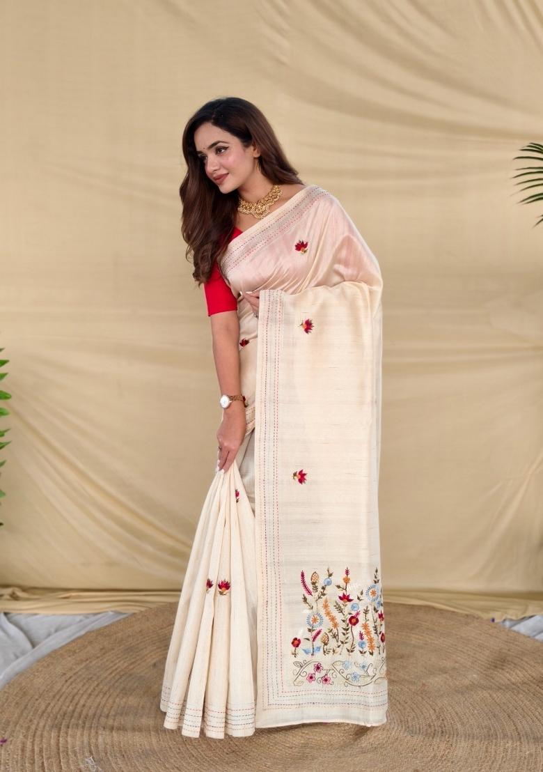 Cream Embroidered Silk Blend Saree Set - Indya