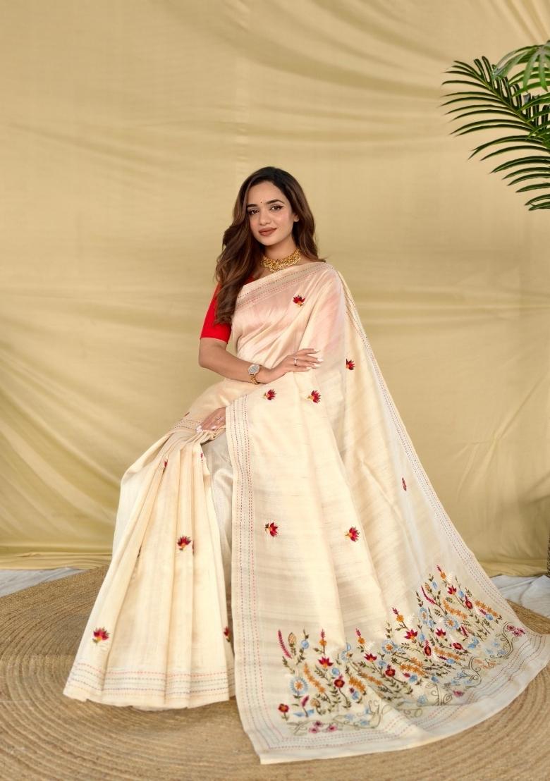 Cream Embroidered Silk Blend Saree Set - Indya