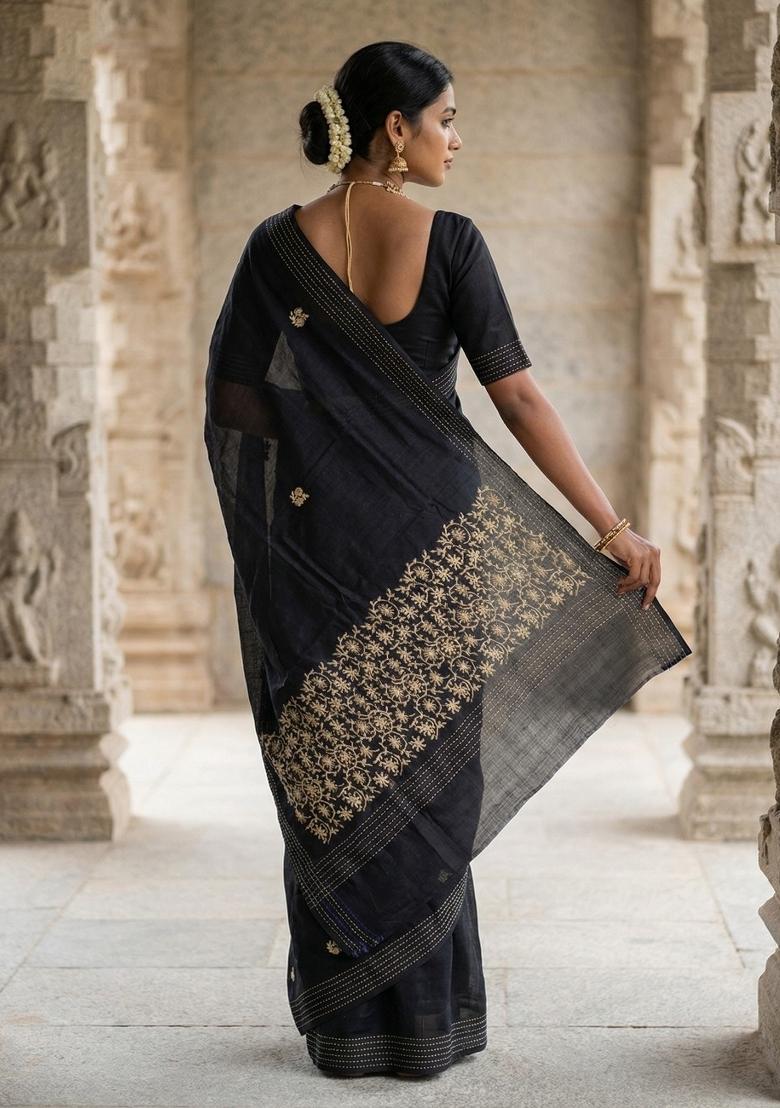 Black Embroidered Silk Blend Saree Set - Indya