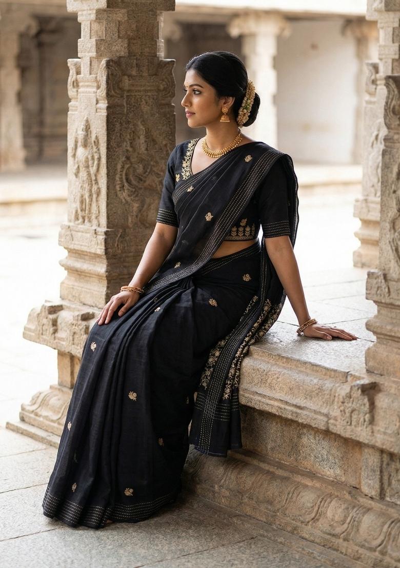 Black Embroidered Silk Blend Saree Set - Indya