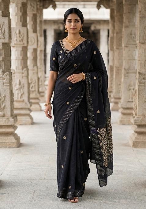 Black Embroidered Silk Blend Saree Set