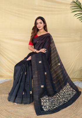Black Embroidered Silk Blend Saree Set