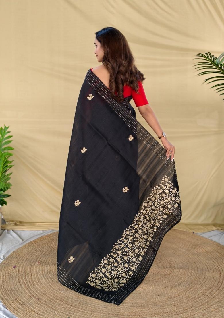 Black Embroidered Silk Blend Saree Set - Indya