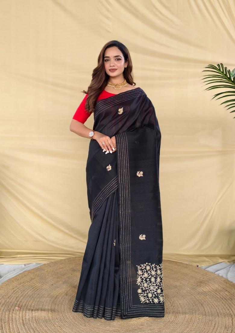 Black Embroidered Silk Blend Saree Set - Indya
