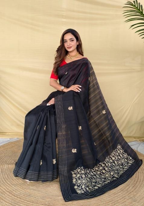 Black Embroidered Silk Saree Set
